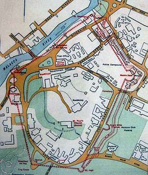 Image: Historical: A government survey map of the 1950s showing the oncemighty fort of Malacca (in red line) with the unearthed Middleburg and Fredrick Hendrick bastions in view."