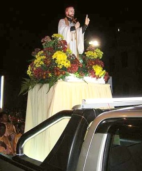 Image: The saint: The statue of St Francis Xavier being paraded in the procession."