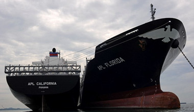 Image: Two container ships tied together in southern Malaysia, waiting for the next charter."