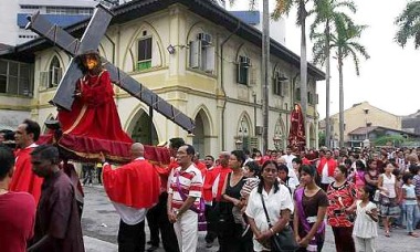 Image: A procession led by the standard of the Holy Eucharist and Mater Dolorosa (Mother of Sorrows) began from St Peters Church in Malacca Sunday."